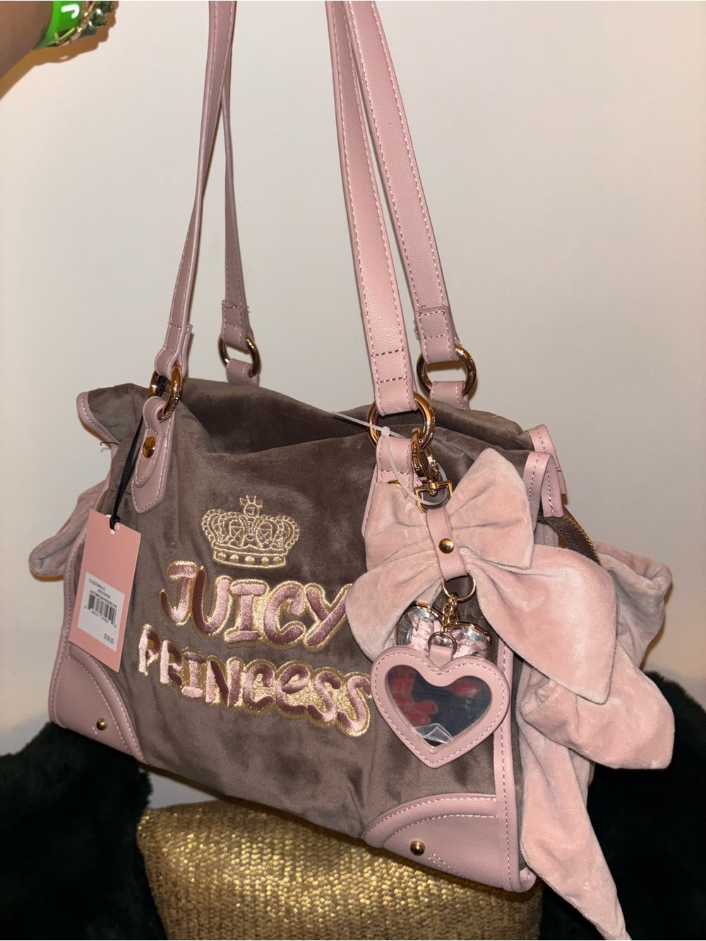 Juicy Couture Pink & Brown 'Juicy Princess' Velvet Shoulder Bag - Picture 3 of 11